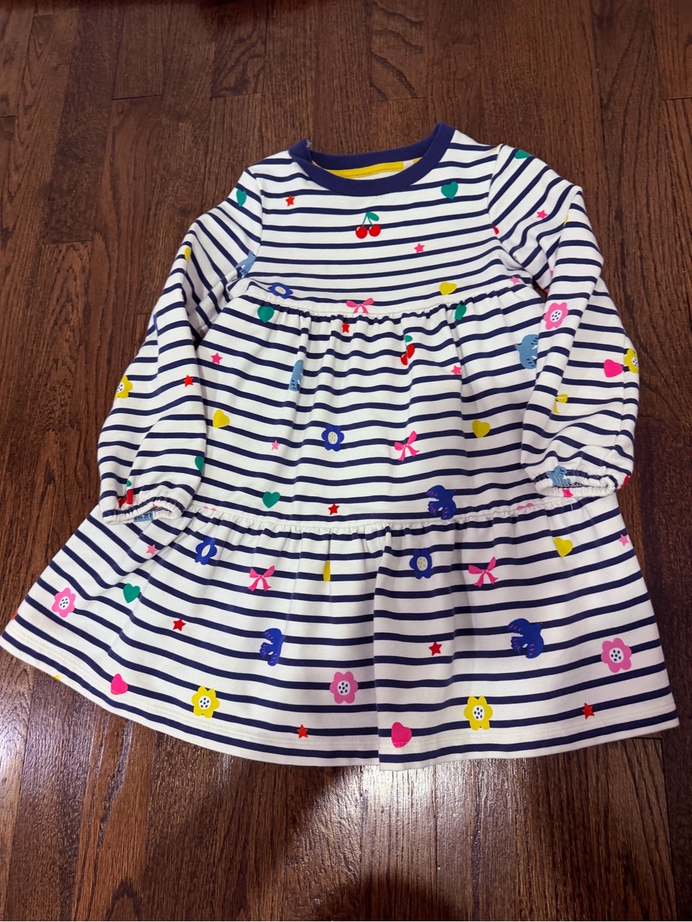 Mini Boden Girls Navy Stripe Long-Sleeve Dress with Multicolor Icons